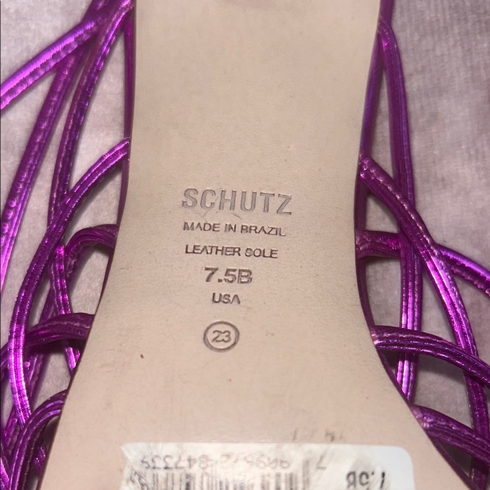 GUC Schutz Women's 7.5 Dark Metallic Pink Purple Strappy Heels Leather - Picture 7 of 9